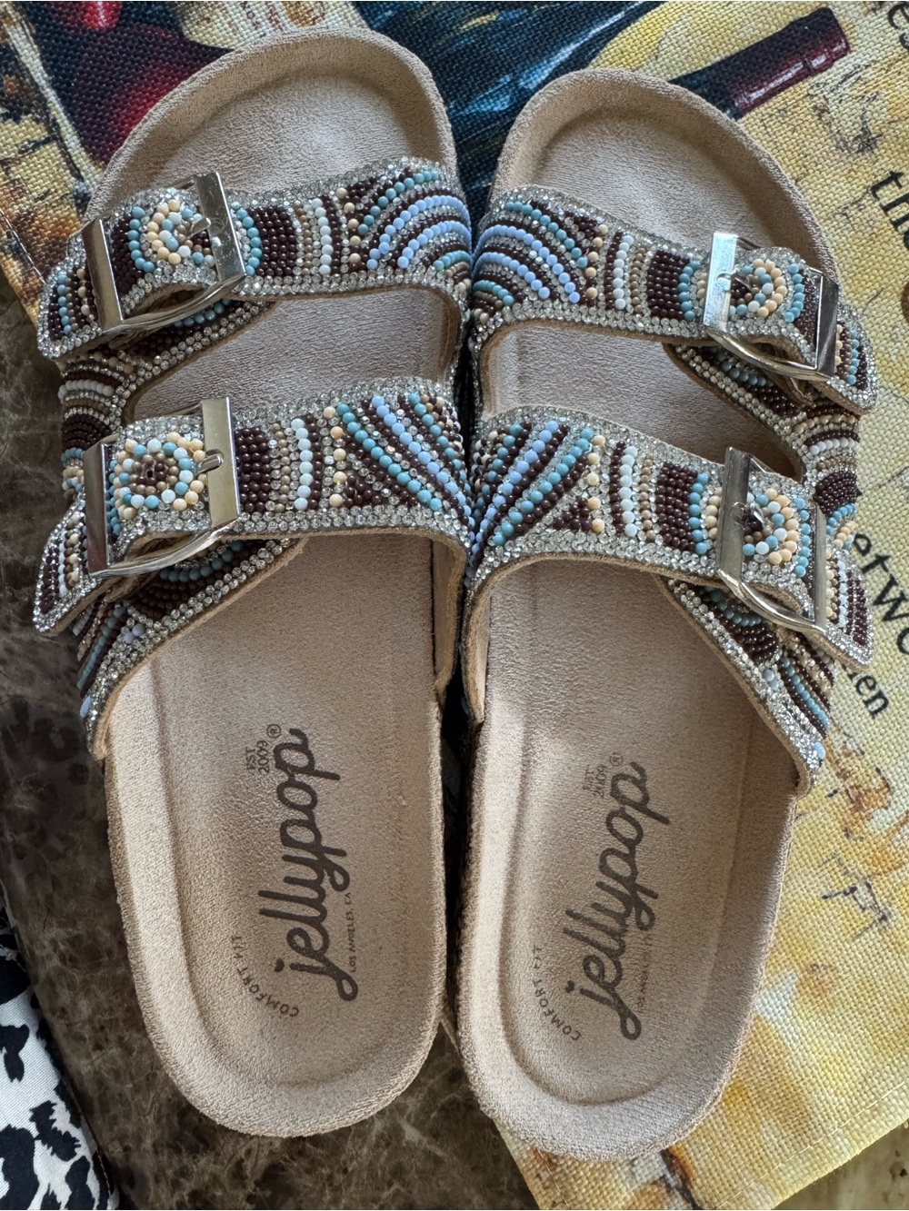 Jellypop Tan Slide Sandals with Light Blue & Brown Beading NWOT 10 M